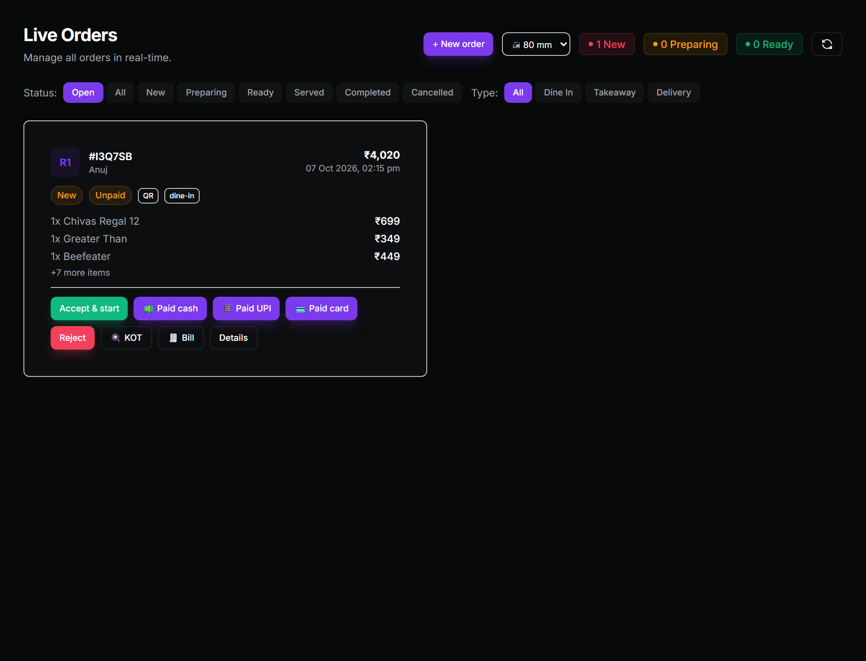 Live Orders screen with a new QR order and payment buttons