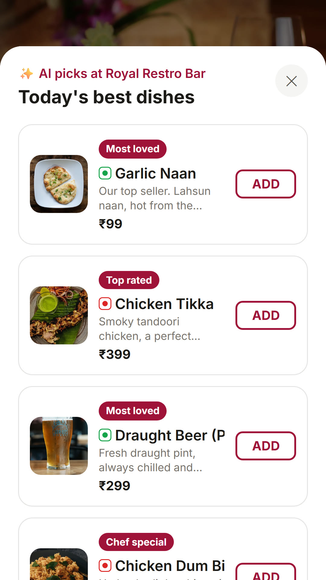 Guest phone showing AI picks at Royal Restro Bar