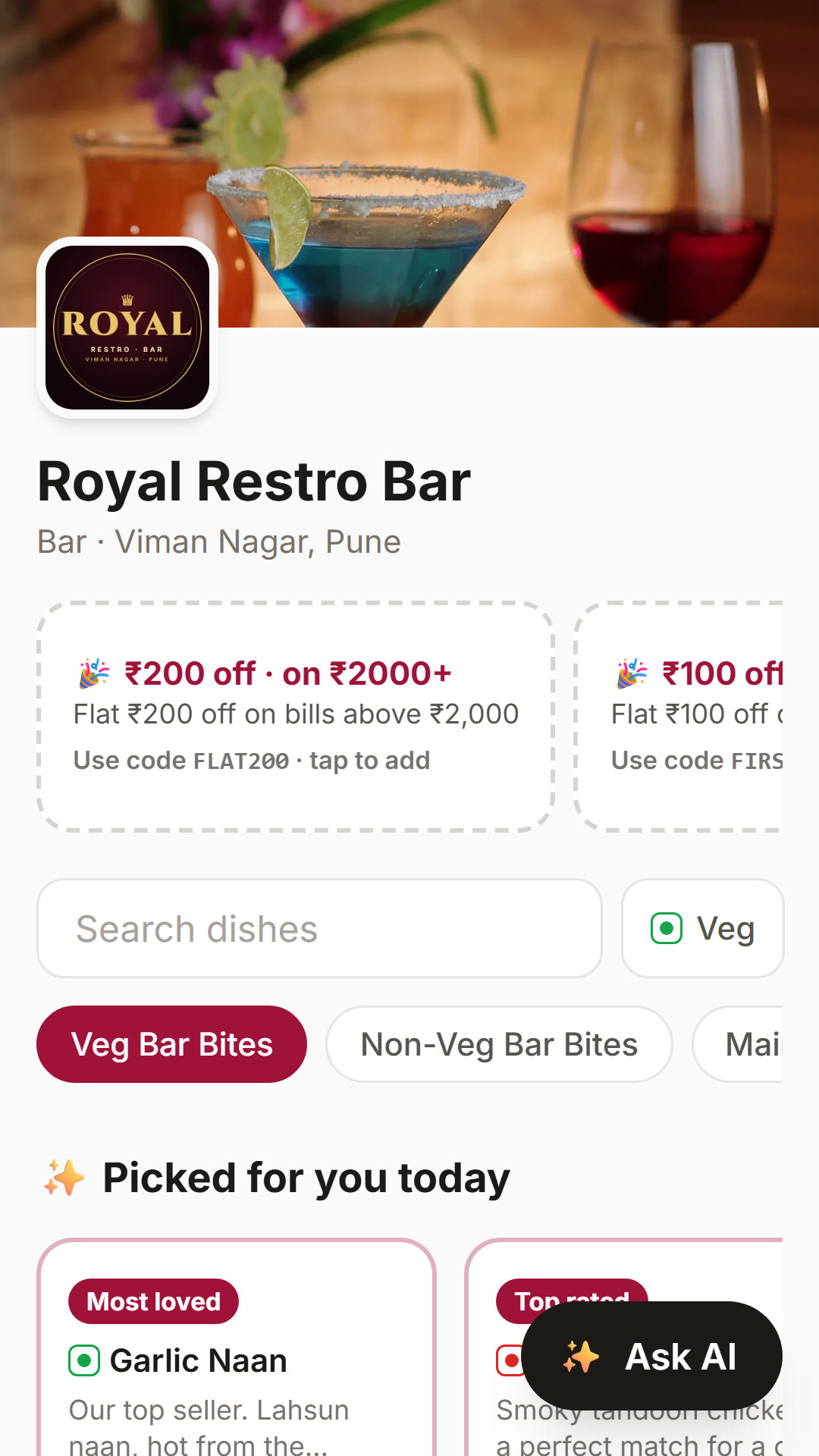 Guest phone showing the QR menu with offers and Veg filter